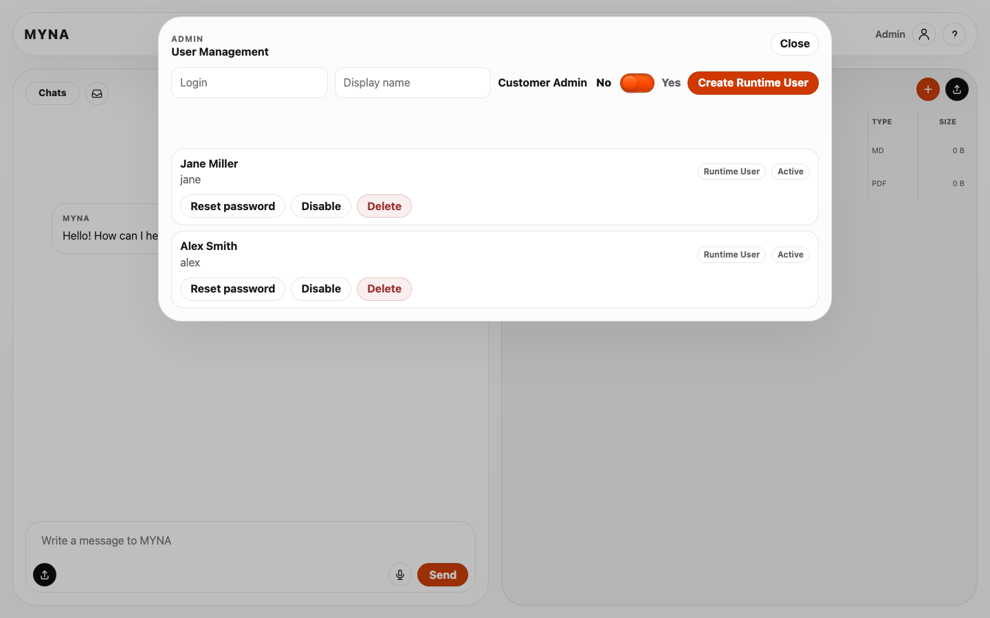 Current MYNA user management interface