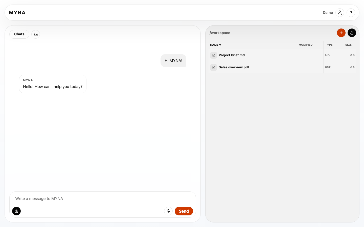 MYNA UI mit Chat und Arbeitsbereich