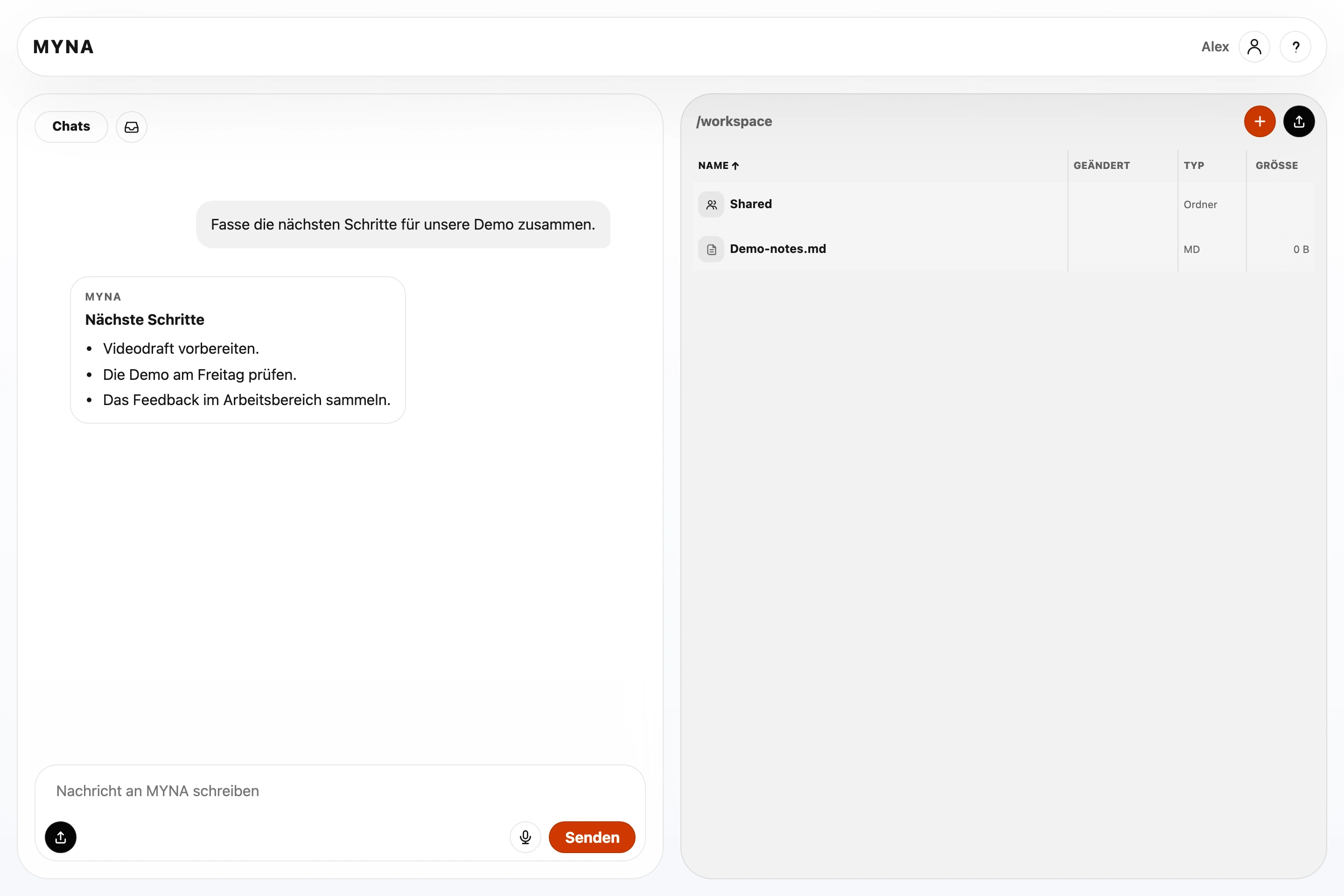 MYNA Web App mit Chat und Arbeitsbereich