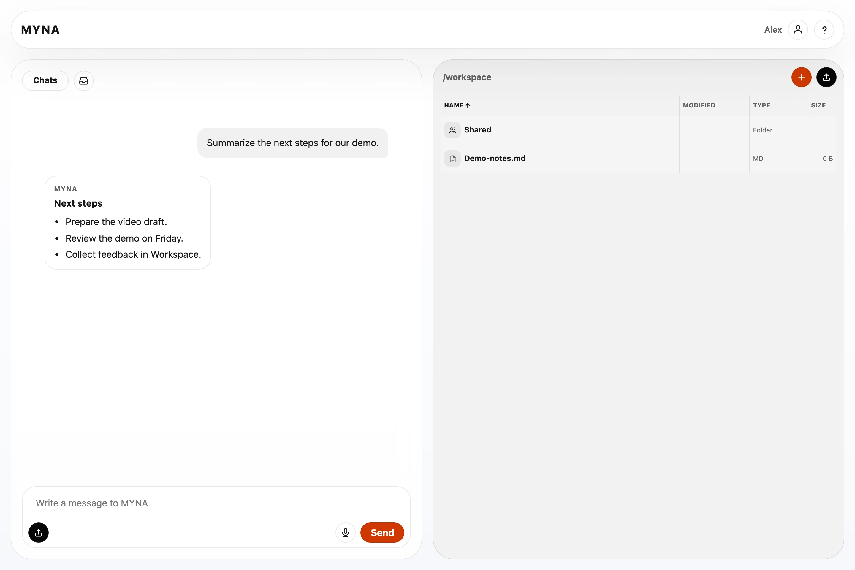 MYNA Web App with chat and workspace